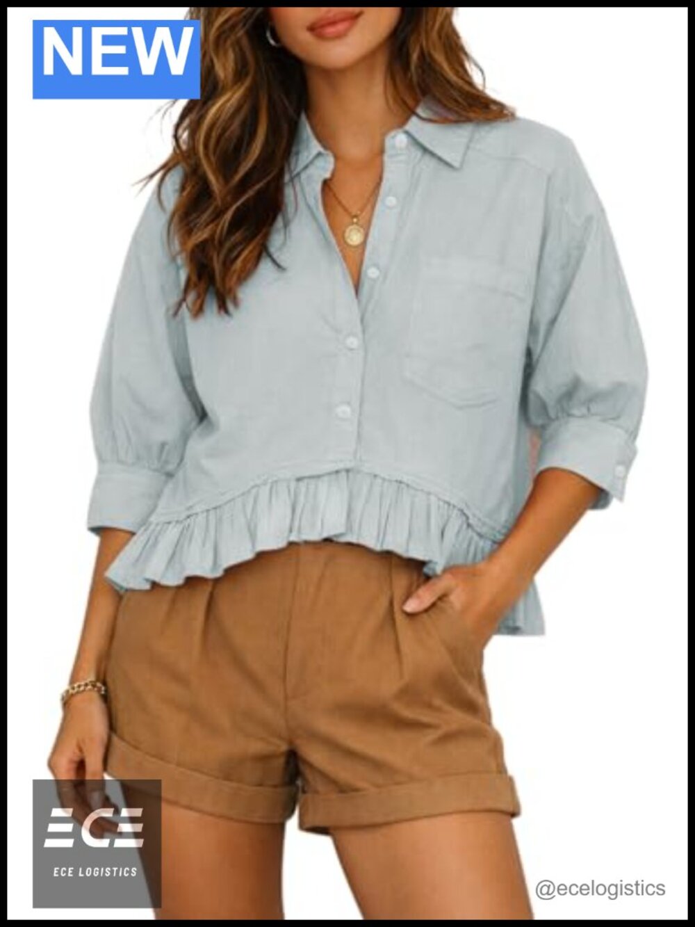 Womens Summer Blouse Ruffled Short Sleeve Button Down Striped Top